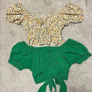 SHEIN Floral Yellow and Solid Green Off-Shoulder Blouses